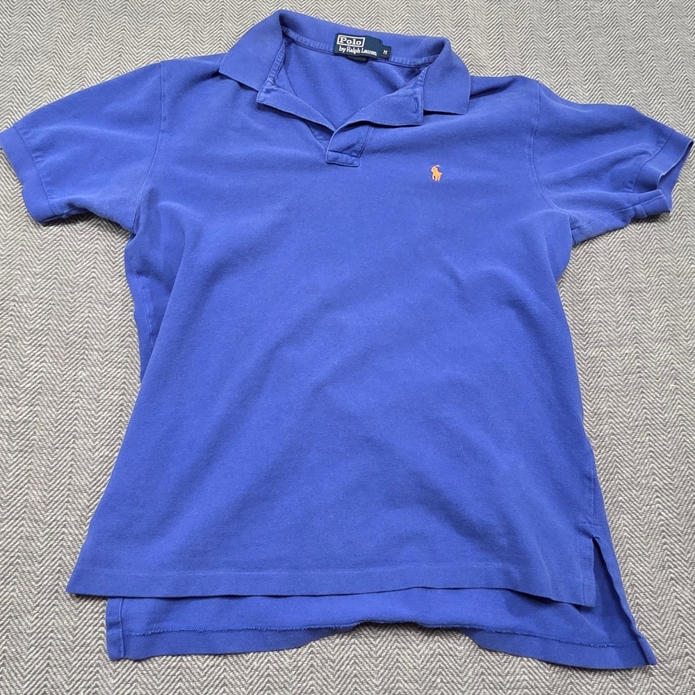 Polo Ralph Lauren Mens Medium Blue Short Sleeve Pique Polo Shirt Orange Pony